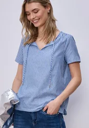Kurzarm Bluse mit Split Neck und Streifen female Blau