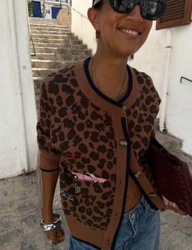 Animal Print Crew Neck Relaxed Cardigan Brown Mix female - Never Fully Dressed - FashionsVida