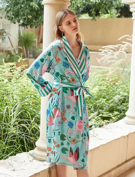 Women's Blue Flamingo Animal Sleepwear Satin Nightgown Bride Robes Camisole 2 Piece Set Kimono Cami Nightwear Pajamas - Robe - OLAOLA - FashionsVida