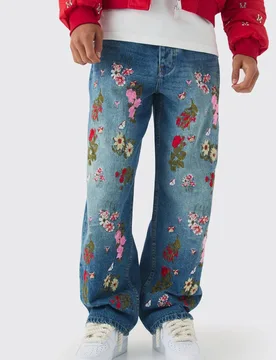 Herren Baggy Fit Rigid Jeans Hosen mit Blumenstickerei Vintage Blue Größe 28R - boohooMAN - FashionsVida