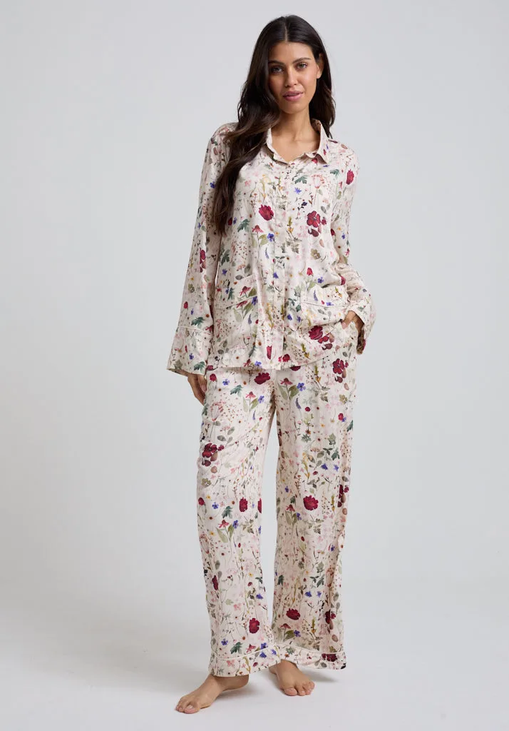 Evie Long Sleeve Pressed Floral Print Pyjama Set In Cream - S - Lily and Lionel London Limited - FashionsVida