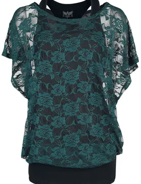 T-Shirt - schwarzes Top mit grünem Spitzen T-Shirt - M bis 5XL - für Damen - Größe 3XL - schwarz/grün - Frauen - female - Black Premium by EMP - FashionsVida
