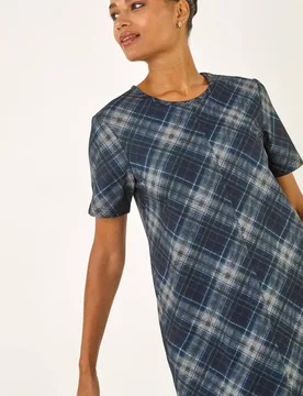 Women's Check Print T-Shirt Stretch Dress in Blue Size: 20 - Blue - Size: 20 - Roman - FashionsVida