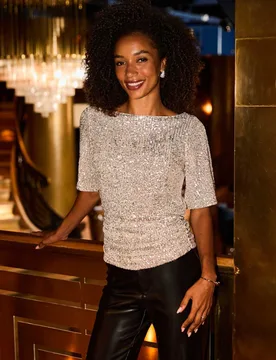 Sequin Slash Neck Angel Sleeve Top Gold Mix female - Sosandar - FashionsVida
