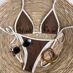 Conjunto de bikini de triángulo de unicolor para mujer, traje de baño sexy de 2 piezas con cordones y contraste de color, conjunto de bikinis para m
