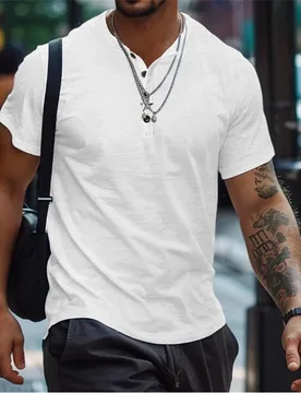 Men's Henley Collar Short-Sleeve T-Shirt, Solid Color, Slim Fit, Button Decoration, Casual Base Layer, Trendy Top, Sizes S-3XL - Aliexpress - FashionsVida