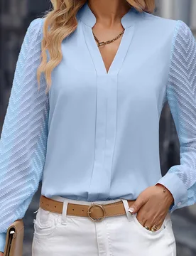 Blusa unicolor de cuello notch de malla en contraste de manga farol M - Shein - FashionsVida
