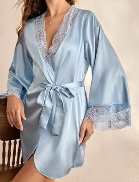 Bata elegante de mujer con parches de encaje de unicolor y mangas acampanadas, para otoño, ropa de estar en casa lujosa, detalles acogedores y elegan - Shein - FashionsVida