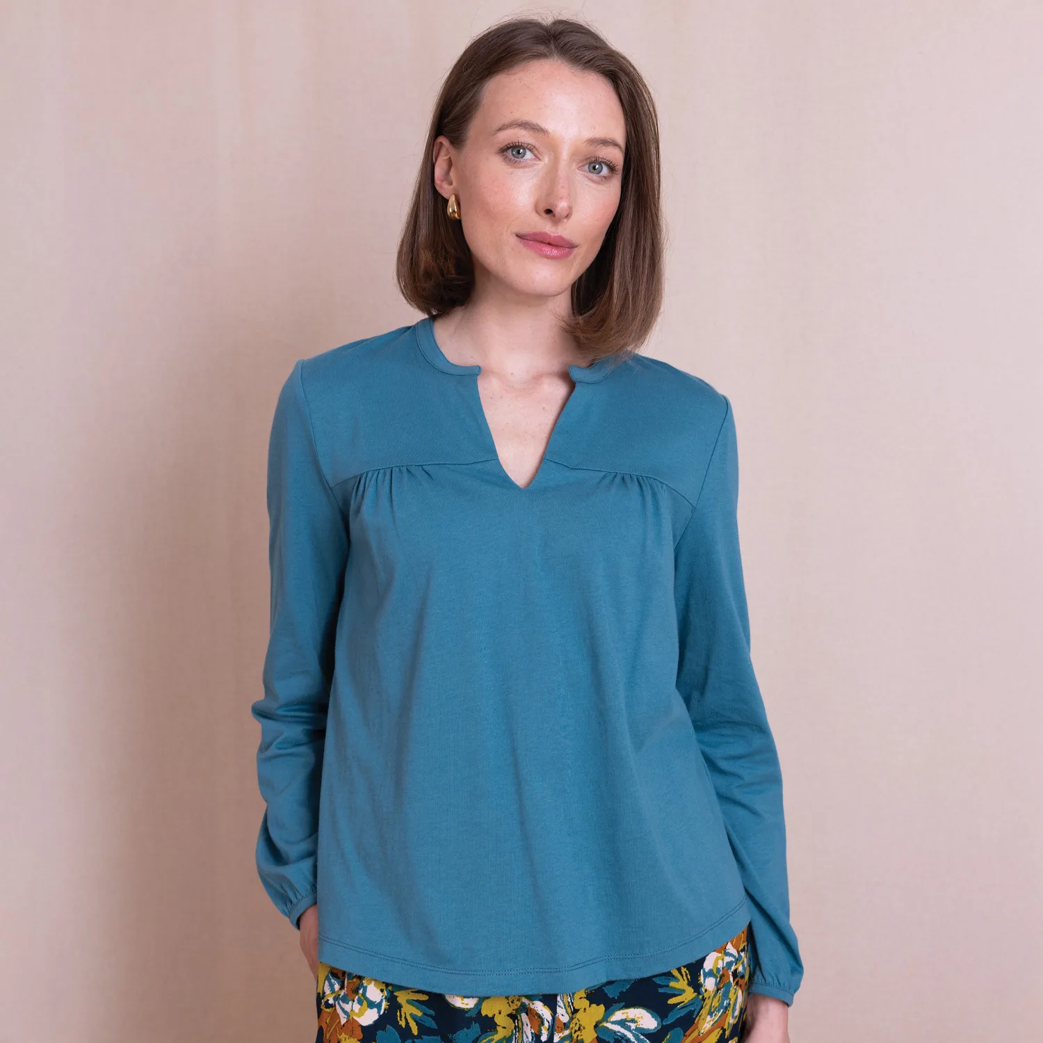 Organic Cotton Gathered Top - Duck Egg - Nomads - FashionsVida