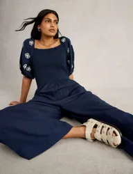 Cotton Linen Blend Embroidered Jumpsuit Navy female