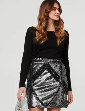 Womens Silver Metallic Sequin Embellished Mini Skirt - Size 12 Uk - Izabel London - FashionsVida