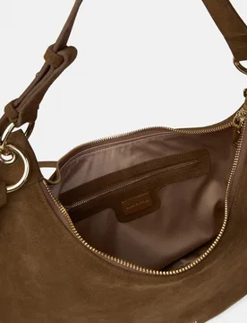 Bolso de mano estilo media luna de piel con flecos y correa bandolera ajustable - Alma en Pena - FashionsVida
