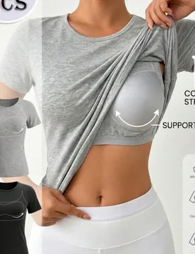 Paquete de 2 Camisetas Básicas de Manga Corta con Cuello Redondo y Sujetador Integrado 2 en 1, Top Deportivo para Gimnasio & Uso Casual de Verano - Shein - FashionsVida