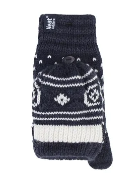 Womens Ladies Warm Fairisle Patterned Thermal Fingerless Converter Gloves - Navy - One Size - Heat Holders - FashionsVida
