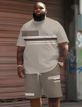 Conjunto de camiseta de hombre talla grande con estampado gráfico 3D a cuadros y rayas, outfit deportivo casual, de poliéster elástico y transpirab - Shein - FashionsVida