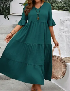 Vestido largo de verano con cuello en V profundo, mangas con volantes y bajo con volantes múltiples para mujer talla grande en color amarillo 1XL - Shein - FashionsVida