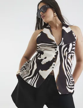 Womens Waistcoat Brown Zebra Print Halterneck - Size Small - River Island - FashionsVida