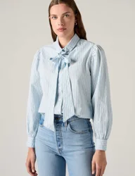 Cotton Striped Tie Neck Shirt Light Blue female