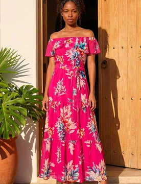 Women's Floral Bardot Belted Maxi Dress in Pink Size: 18 - Pink - Size: 18 - Roman - FashionsVida