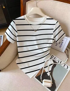 Camiseta de manga corta de cuello redondo a rayas para mujer, versátil y casual para uso diario XL - Shein - FashionsVida