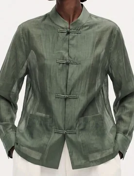 Blusa de satén con botón de nudo para mujer, cuello redondo, manga larga con puños, bolsillo en el pecho, bajo , verde salvia, elegante para fiesta - Shein - FashionsVida