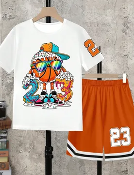 Set de 2 piezas Camiseta de manga corta con cuello redondo y estampado de baloncesto 23 + Pantalones cortos con bolsillo para adolescentes, estilo dep - Shein - FashionsVida
