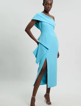 Womens Compact Stretch Ruffle Detail Asymmetric Pencil Dress - Turquoise - Size 6 Uk - Karen millen - FashionsVida