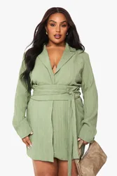 Womens Plus Textured Tailored Belt Detail Blazer Dress - Green - Size 26 Uk