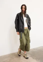 Oversize-Kunstlederjacke mit Leiste Schwarz XL
