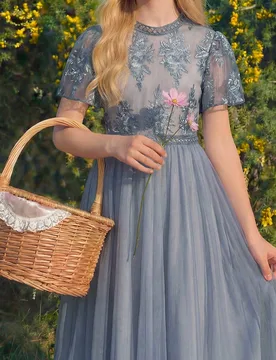 Vestido elegante largo para niña preadolescente con cuello mao, mangas abullonadas, encaje y volantes en el bajo 8Y - Shein - FashionsVida