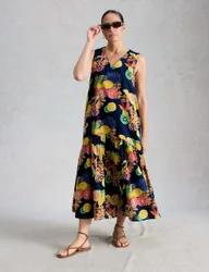Pure Cotton Floral V-Neck Midi Tiered Dress Navy Mix female