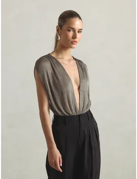 Body de punto metálico sin mangas con escote profundo y detalle de cintura fruncida, top de una pieza para fiesta, noche y vacaciones glamurosas L - Shein - FashionsVida