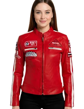 Womens Red Biker Racing Badges Jacket-Dalby Lamb Leather - Size 12 Uk - Infinity Leather - FashionsVida
