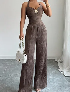 Marrón Café,Verano,Elegante,Fiesta Vintage Y2K Top Corto con Tirantes Finos y Textura Floral & Pantalones Rectos Conjunto de 2 Piezas, Estilo Fit St - Shein - FashionsVida