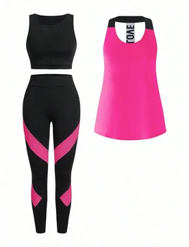 Conjunto deportivo de 3 piezas con top de tirantes asimétrico, top de cuello redondo negro y pantalones de color contrastante. Ropa deportiva, ropa a - Shein - FashionsVida