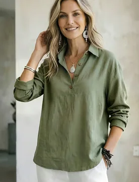 Camisa de manga larga de unicolor elegante para mujer, top versátil casual con cuello de botones para todas las estaciones XXL - Shein - FashionsVida