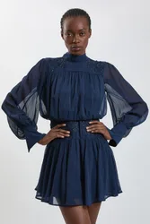 Womens Hand Embellished Georgette Mini Dress - Navy