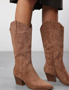 Women's Yasmine Calf Cowboy Boots Block Heel Western Embroidered in Camel Size: 7 - Camel - Size: 7 - Where's That From - FashionsVida