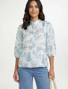 Women's Scenic Print Pleat Detail Organza Shirt in Blue Size: 10 - Blue - Size: 10 - Wallis - FashionsVida