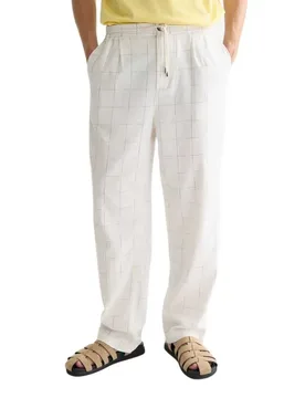 Pantalon Oliver Linen Relaxed Straight Fit Bright white / Blue check XL - Scotch & Soda - FashionsVida