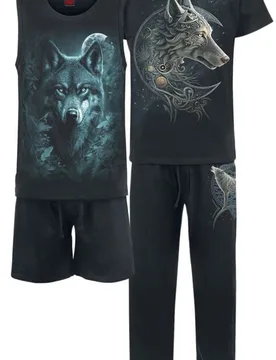 Schlafanzug - Celtic Wolf - 4Pc Mens Gothic Pyjama Set - S bis XXL - für Männer - Größe M - schwarz - Männer - male - Spiral - FashionsVida