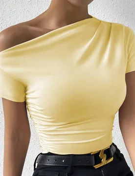 Camiseta casual ajustada de manga corta con hombros fruncidos de unicolor para mujer, verano L - Shein - FashionsVida
