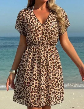 Vestido corto de manga corta con estampado de leopardo para cubrir para vacaciones para mujeres 2026 S - Shein - FashionsVida