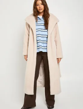 Womens Shawl Collar Belted Borg Coat - Cream - Size 10 Uk - Boohoo - FashionsVida
