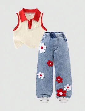 Nuevo conjunto de 2 piezas para niñas de 4 a 7 años, blusa sin mangas y pantalones de mezclilla bordados, de moda y adecuado para uso casual, vacaci - Shein - FashionsVida