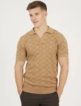 Mens Light Tan Open Collar Knitted Polo Shirt - Mocha - Size Small - Brave soul - FashionsVida