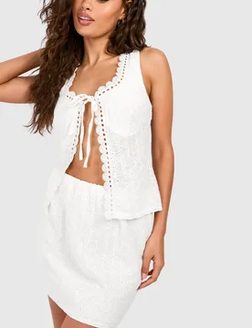 Womens Broderie Mini Skirt - White Cotton - Size 14 Uk - Boohoo - FashionsVida