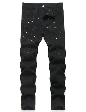 Jeans ajustados con bolsillo con cremallera y decoración de rhinestones para hombres, jeans con rhinestones para salir y hacer ejercicio en la ciudad - Shein - FashionsVida