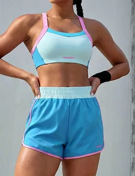 Conjunto de ropa deportiva para mujer con top halter y shorts en contraste de colores XS - Shein - FashionsVida