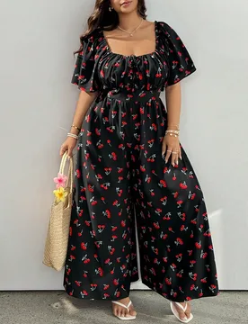 Mono largo holgado de talla grande en negro, tejido suave al tacto, con manga corta con volantes que favorece los brazos, opción de hombros descubier - Shein - FashionsVida